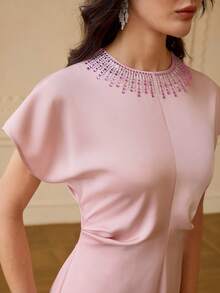 ZEYLAH Vestido de manga corta con cuello redondo y adornos de strass, primavera/verano - Rosa - Ver 1
