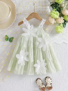 SHEIN Vintaside Kids Baby Girl Cute Bow Strap Dress, Summer - Green - View 3