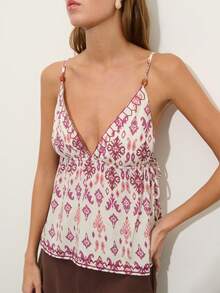 Nöista Pink Summer Boho Printed Top With Embroidery, V Neckline Soft Ruffle Trim Adjustable Straps, Beach Vacation Holiday Party Festival - Beige - View 4