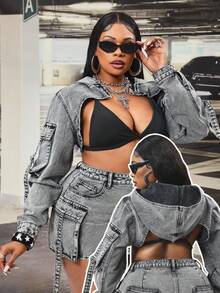 Slaydiva Sexy Vintage Washed Denim Long Sleeve Jacket - Grey - View 8