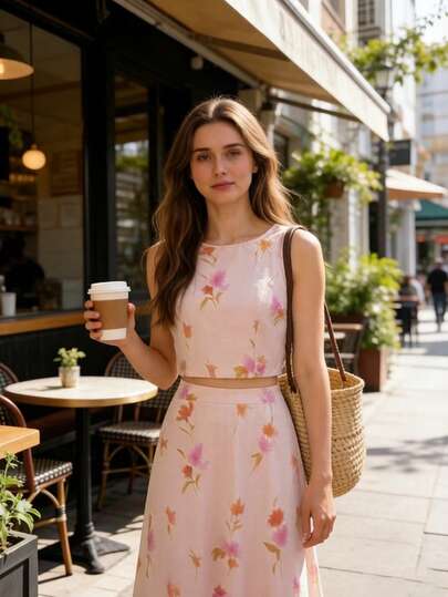 Balvessa Women's Floral Print Sleeveless Cropped Shirt + Printed Mini Skirt 2-Piece Set