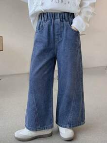 SHEIN Vintaside Kids Young Girls' Casual Washed Vintage Wide Leg Jeans Elastic Waist Jeans Wide Legged Jeans Baggy Jeans Girls Wide Leg Jeans - Light Wash - View 3
