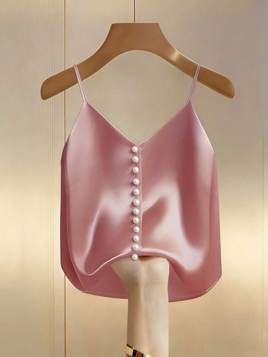 Franclia Standard Size Women's Apricot Camisole, Front Beaded Design, Elegant And Refined Style, Suitable For Spring/Summer Wear, Can Be Worn As An Accent Piece For Dates, Commuting, Daily Outings, Parties, Showcasing A Gentle And Soft Vibe, A Versatile Casual Urban Piece Camisole Tops For Women Women's Tops For Summer Beautiful Top Tops With Built In Bra - Pink - View 1