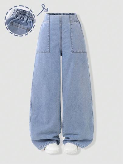 女童牛仔裤，春秋新款，简约休闲，浅蓝色水洗牛仔布，高腰阔腿，大贴袋，后腰松紧带，舒适优质棉质牛仔布，日常基础款，适合上学、度假等各种场合，春秋皆宜。儿童牛仔裤，女童阔腿裤