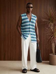Manfinity Swimmode Men's Hollow Out Contrast Stripe Pattern Casual Sleeveless Cardigan Men's Beach Cover Up Crochet Men's Short Set Men's Resort Wear - Blue - View 1