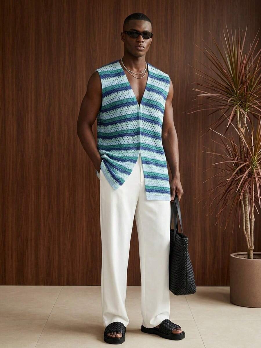 Manfinity Swimmode Men's Hollow Out Contrast Stripe Pattern Casual Sleeveless Cardigan Men's Beach Cover Up Crochet Men's Short Set Men's Resort Wear - Blue - View 1