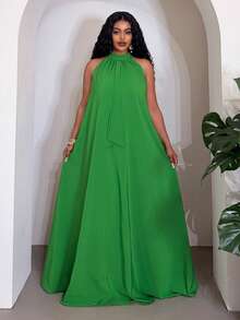 Veslaya Vestido largo de línea A con cuello de halter sin mangas, de color verde sólido, suelto, con empalmado de lazo, adecuado para vacaciones, playa, festival de música, fiesta de fogata, reunión, hotel resort, crucero, tomar el sol, cita, fiesta, elegante, salida casual - Vestidos envolventes de talla grande para mujeres Código de descuento para vestido de mujer Wow Dress - Verde - Ver 5