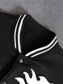 PAVTROS Herr enkelknäppt basebolljacka med bokstavsbroderi, casual - Svart - Visa 5