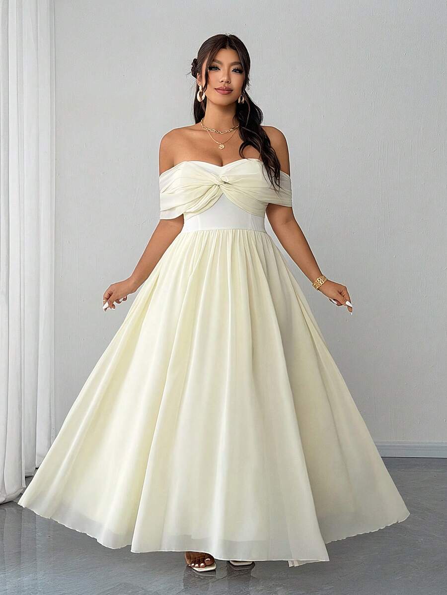 Elenzga 大码女士优雅浪漫轻盈连衣裙，适合派对、婚礼宾客、伴娘等场合，无肩带网纱飘逸连衣裙，春夏款 - 淡黃色 - 查看 1