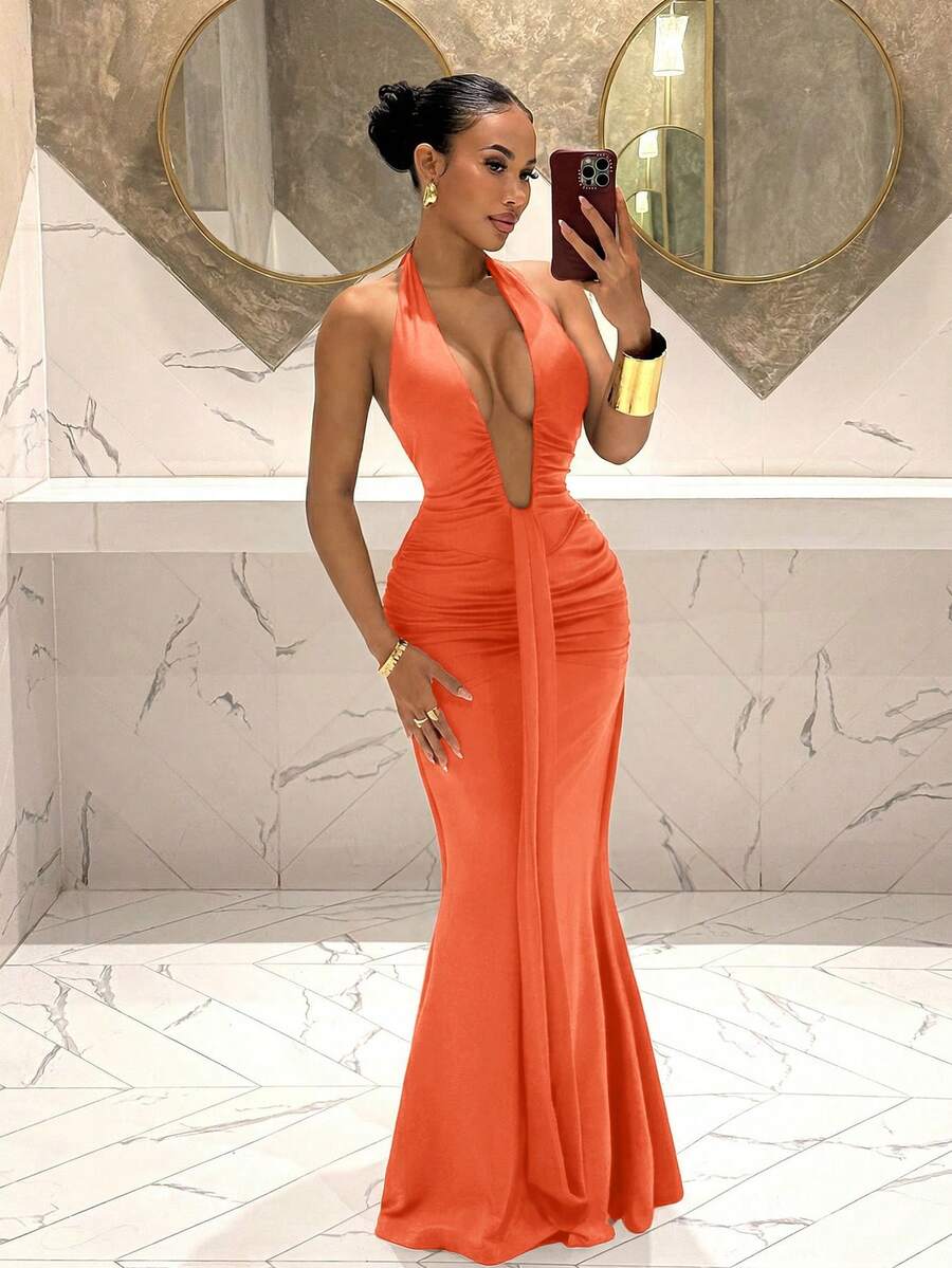 Slaydiva 2025新款优雅深V领美人鱼连衣裙，适合派对、生日、酒吧、夜店、情人节、万圣节、圣诞节等场合 - 棕色 - 橘色 - 查看 1