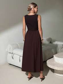 Lavishia Sleeveless Jacquard Splice Elegant Midi Dress For Daily Wear - Brown - View 2