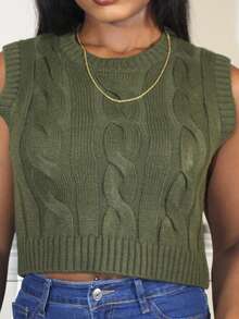 Steph T Women's Olive Green Crew Neck Twist Knit Vest, Casual Versatile, Suitable For School/Campus Wear In Autumn/Winter,Christmas Sweater Women - Army Green - View 4