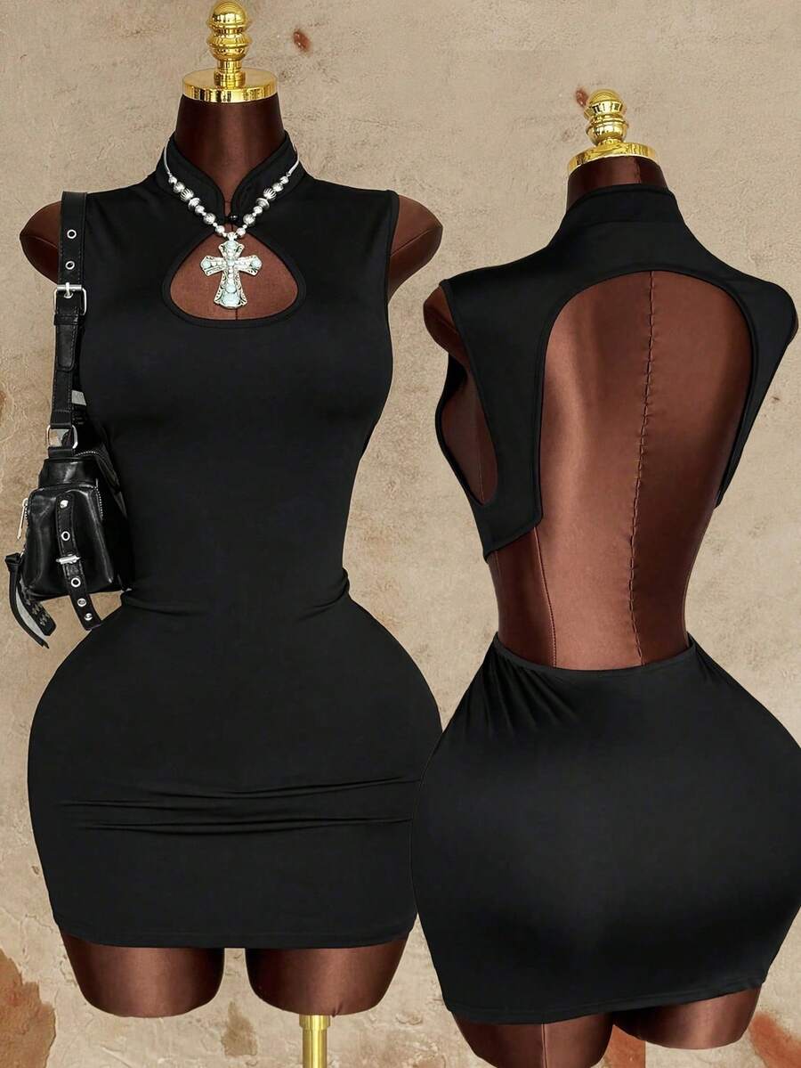 Sunspun Black Fashionable Hollow-Out Sexy Backless Dress, Summer New Tight-Fitting Slim Bodycon Mini Skirt - Black - View 1