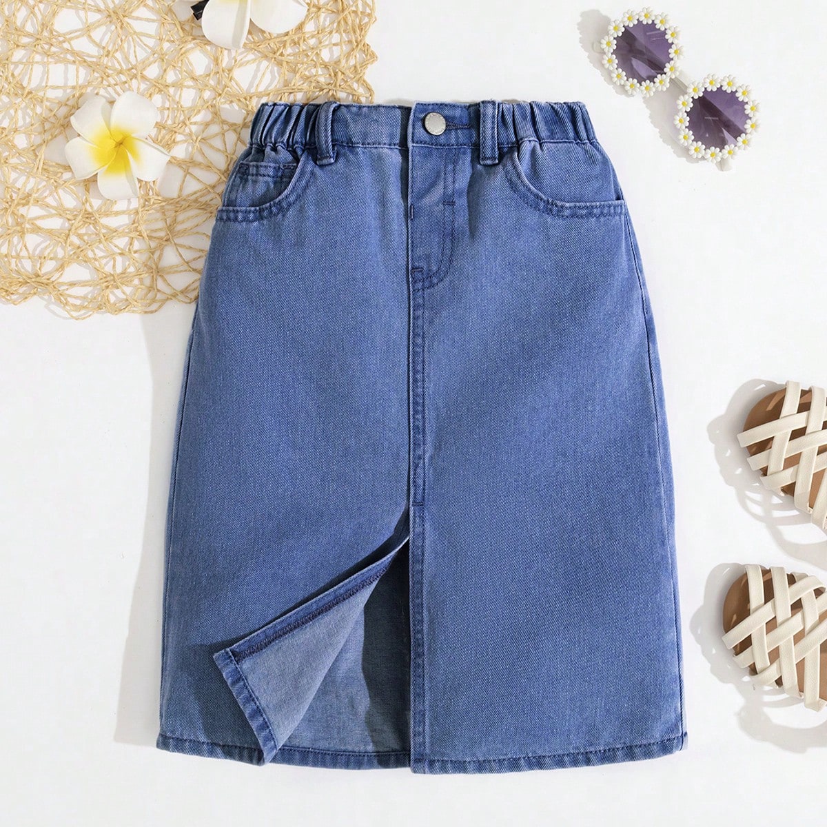 Falda vaquera azul básica casual para niñas, falda bohemia para primavera y verano
