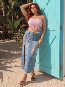 ROMWE Fairycore Váy denim dáng ôm xẻ tà dành cho nữ, in họa tiết hoa cổ điển, đã qua xử lý, cỡ lớn. - Màu xanh lam - Xem 3