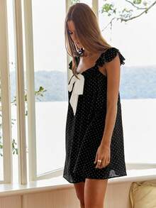 Aralina 女士睡衣优雅宽松娃娃衫迷你连衣裙，配缎带，非常适合圣诞节、新年、海滩度假和夏季假期。 - 黑色 - 查看 2