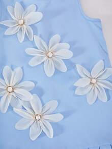 Girls' Elegant Sweet Sleeveless Mini Dress With Layered Ruffle Hem, White Bow Accent, Suitable For Summer, Luxury Party - Blue - View 4