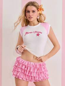 SHEIN X Care Bears 女款蝴蝶結裝飾蛋糕裙短褲 - 淺粉色 - 查看 5