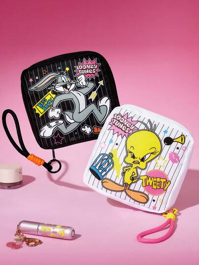 LOONEY TUNES X SHEIN 1/1 套卡通图案印花收纳袋，可用作女性卫生用品收纳袋、数码产品收纳袋、小物件收纳袋，图案包括崔弟、兔八哥等。
