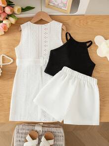 SHEIN Elladie kids 女童夏季新款简约吊带露脐背心，休闲直筒白色短裤，无袖针织提花薄外套（带腰带装饰），三件套舒适休闲时尚套装 - 黑與白 - 查看 2
