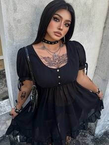 Whyspr Chiffon Ruffled Collar Sheer Cute Dark Tone Dress - Black - View 5