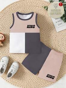 Souflis Souflis 2pcs/Set Baju Bayi Laki-laki Modis Minimalis Motif Huruf Raja Warna Kontras, Rompi Leher Bulat + Celana Pendek Senada, Cocok Untuk Kegiatan Musim Panas - MultiWarna - View 3