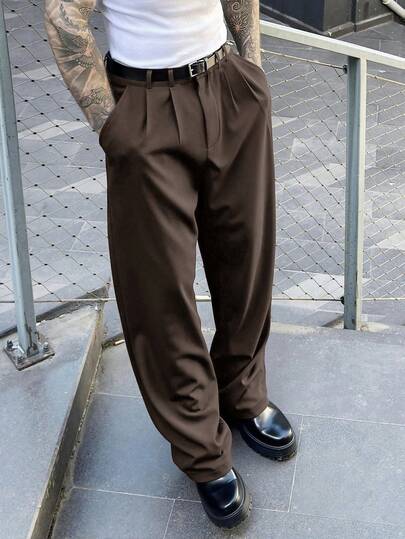 Manfinity Homme Plus Size Men's Black Suit Pants, Casual Versatile Straight-Leg Trousers