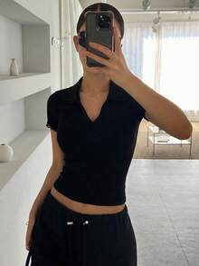 DAZY Áo thun ngắn tay ôm dáng, cổ bẻ, phối ren dành cho nữ. - màu đen - Xem 3
