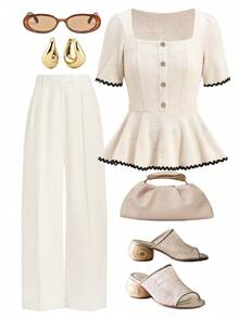 Ellevyn Blusa de mujer con cuello cuadrado y volante de textura de gofre - Albaricoque - Ver 1