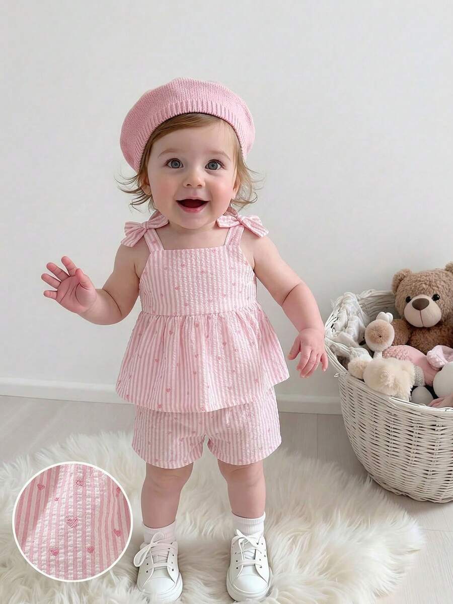 SHEIN 2件套女婴幼儿/新生儿0-3岁休闲日常可爱度假条纹蝴蝶结装饰吊带背心+短裤套装，春夏款