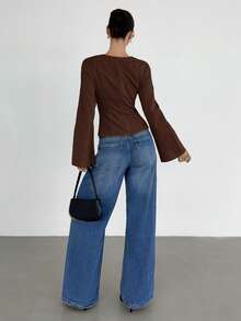 Siren Gaze Women's Solid Color Long Sleeve Pleated Asymmetric Hem Fashion Blouse - Coffee Brown - View 2