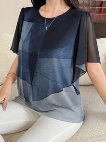 Livesso Women's Loose Fit Ombre Elegant Flowy Blouse - Navy Blue - View 5