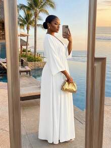 SHEIN CURVE+ Đầm size lớn màu trơn cổ V sâu xẻ đùi, đầm đi du lịch, lễ tốt nghiệp, phong cách thường ngày mùa xuân - trắng - Xem 2