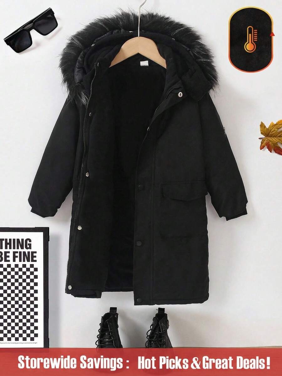 SHEIN 年轻男孩休闲保暖长款连帽派克大衣，带毛领，适合秋冬季滑雪、外套，舒适保暖的材质，时尚街头服饰设计 - 黑色 - 查看 1