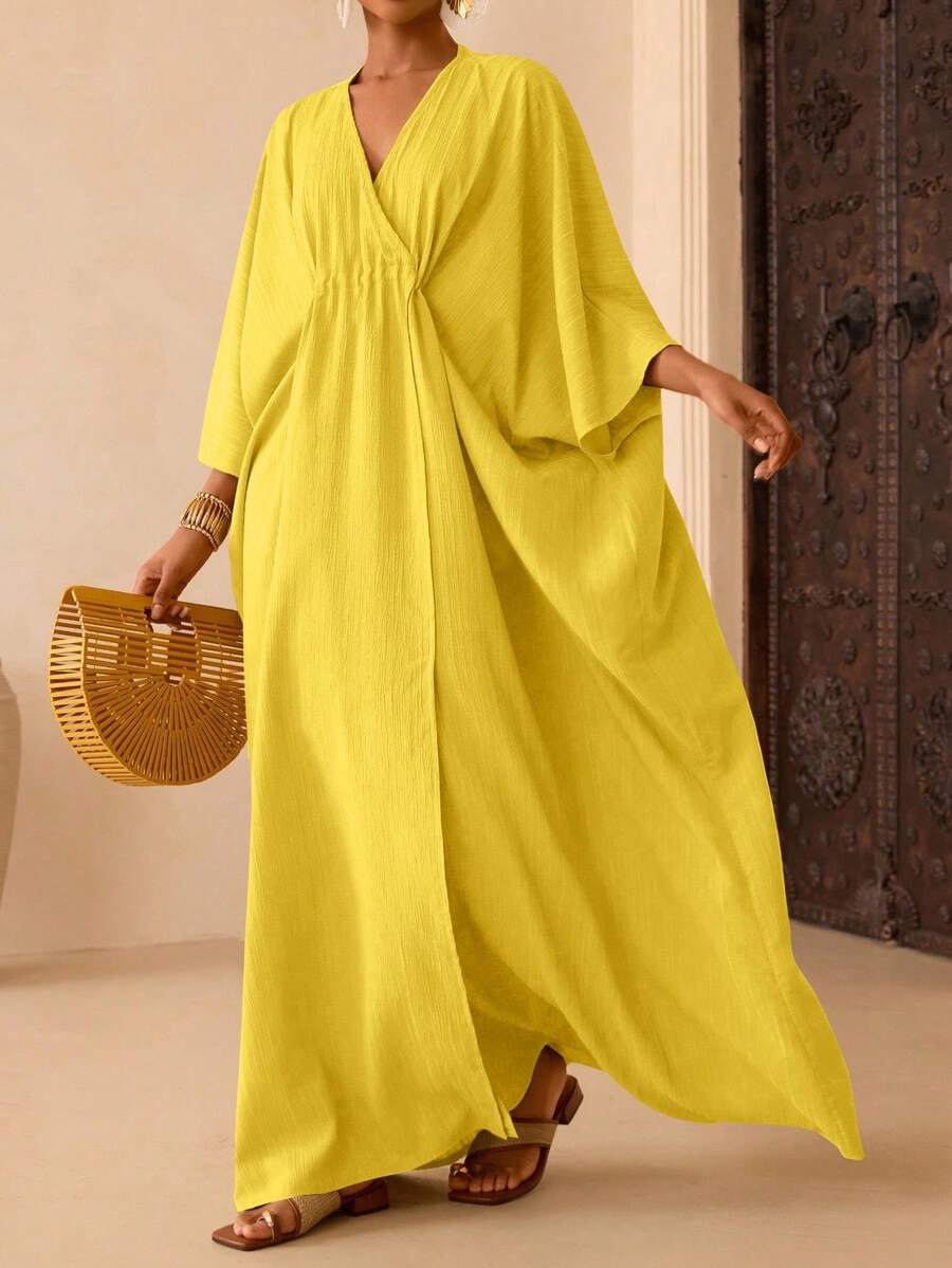 Vesra Women's Solid Color Batwing Sleeve Casual Dress - Yellow - View 1
