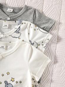 SHEIN Bộ 3 món áo liền quần ngắn tay dễ thương, tối giản, thoải mái, mềm mại, thoáng khí cho bé trai sơ sinh, họa tiết voi, mây, sao và trăng, thích hợp mặc hàng ngày vào mùa xuân/hè, dự tiệc sinh nhật và chụp ảnh. - Xám - Xem 6