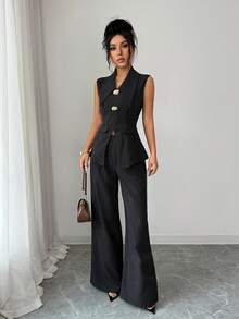 Elenzga Women's Fashion Commuter Striped Vest & Pants 2 Pieces Set - Black - View 4