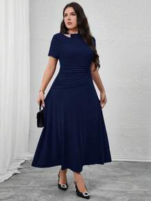 Modelyn Plus Size Women Solid Color Hollow Out Design Short Sleeve Ruffle Elegant Dress - Navy Blue - View 5