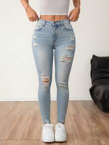 SHEIN PETITE Women's Casual Summer Ripped Skinny Jeans High Waist Light Blue Distressed Denim Stretch Slim Fit Streetwear Trousers  Basic Pocketed Slim Fit Casual Versatile Jeans Back To School Fall Women Clothes Business Casual Woman Jeans - Baby Blue - View 7