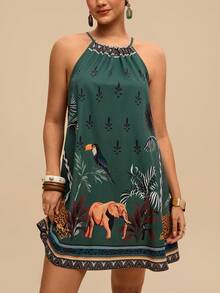 Travachic Plus Size Women Tropical Plant Print Casual Halter Neck Dress - Multicolor - View 1