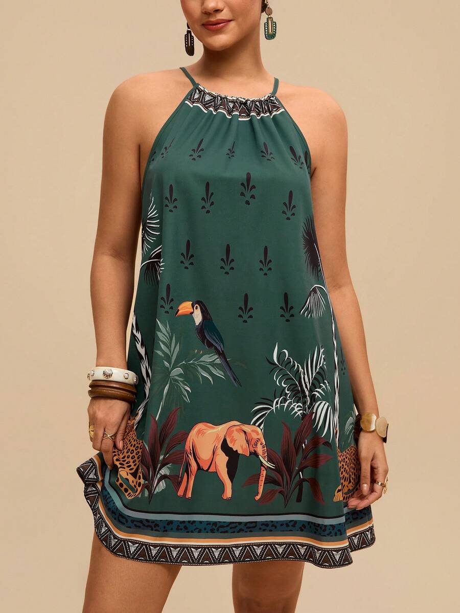 Travachic Plus Size Women Tropical Plant Print Casual Halter Neck Dress - Multicolor - View 1