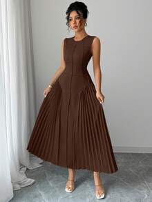 Rafferiza Women's Spring/Summer Minimalist Design Sense Stand Collar Sleeveless Pleated A-Line Dress - Brown - View 4
