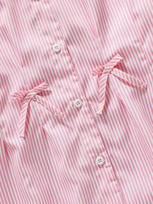 SHEIN Vintaside Kids 少女款柔软条纹前开襟短袖休闲衬衫，灯笼袖，腰部蝴蝶结褶裥A字廓形，适合通勤、度假休闲等场合，夏季穿着。 - 粉色 - 查看 5