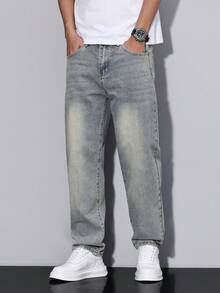 Manfinity Homme Men's Straight Loose Fit Casual Pockets Jeans, Versatile - Light Wash - View 5