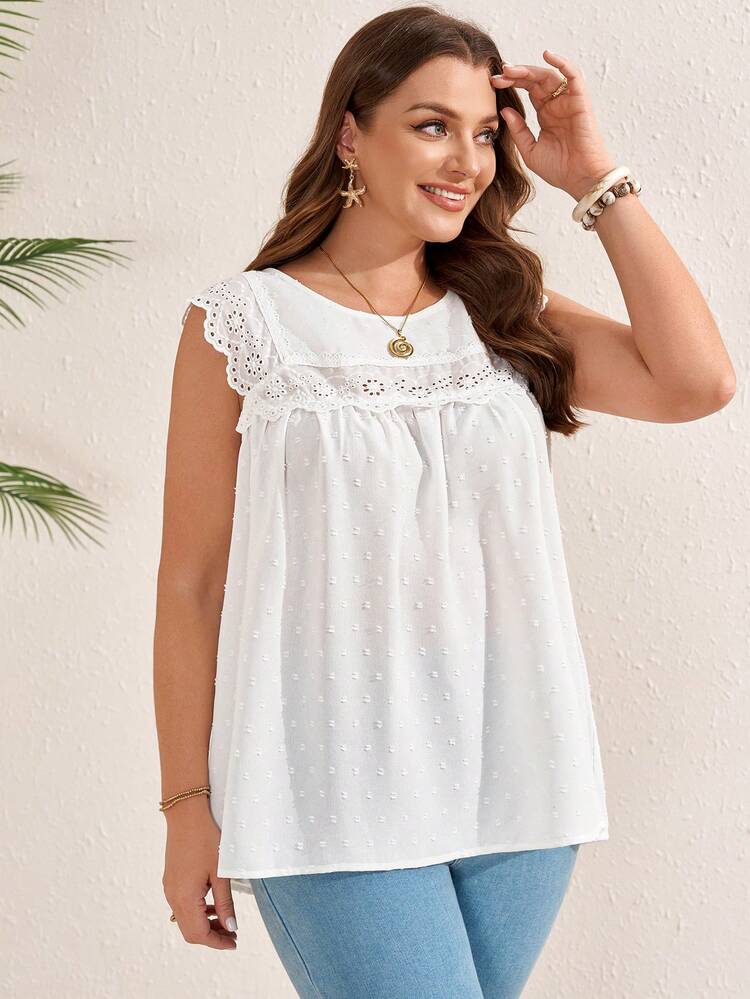 Plus Size Women's Summer Casual Vacation Country Solid Color White Ound Neck Burnout Embroidery Casual Versatile Daily Wear Sleeveless Loose Blouse Top Shirt,Spring/Summer,Summer\Vacation,Summer Holiday,Spring Break Outfits ,Vacation Outfits Women ,Holiday Outfits For Women,Going Out Outfits,2026 New Clothes,Simple And Fashionable For Everyday Wear,Suitable For Summer, Vacation, Daily Wear,Suitable For Summer, Vacation, Daily Wear,Country Concert Outfit