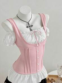 Elamini 性感蝴蝶结撞色修身短袖T恤（女款） - 淺粉色 - 查看 4