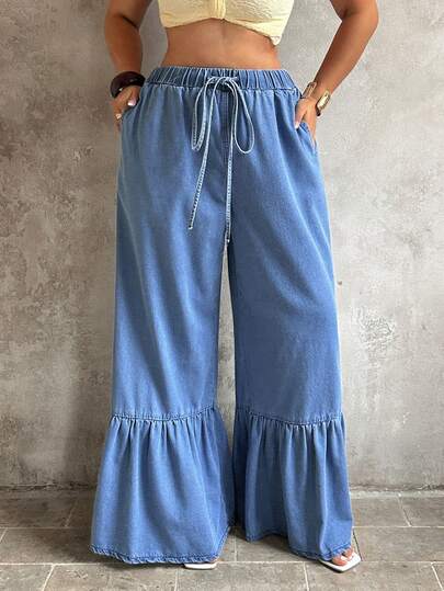 SHEIN Holidaya 大码女式腰带口袋阔腿宽松休闲牛仔裤