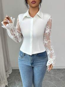 Modelyn 新款法式领甜美薄纱蕾丝拼接袖收腰衬衫 - 白色 - 查看 3