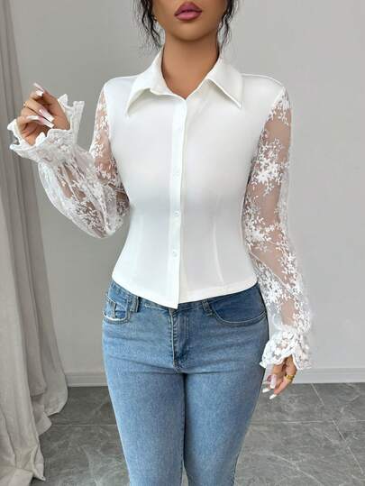 Modelyn Áo kiểu mới về: Cổ Pháp, tay áo ren xuyên thấu, eo thon.