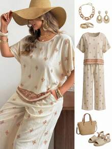 Ceyna Conjunto de duas peças feminino plus size casual para férias, com estampa vintage, composto por blusa de gola redonda com mangas morcego e calça pantalona. Ideal para primavera/verão. - Damasco - Ver 1